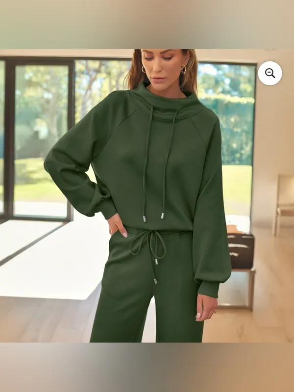 2 piece Olive Green Wide-Leg Lounge Pants - Women's Casual Pull-On Fall Wide Leg - Image 6