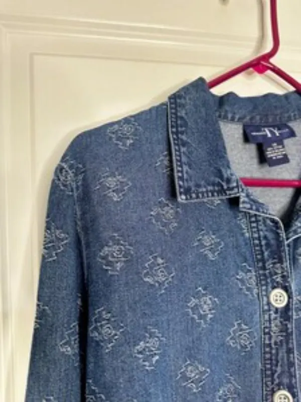 Vintage 90s Embroidered Denim Shirt Jacket Size 14 | 100% Cotton Jean Shacket - Image 6