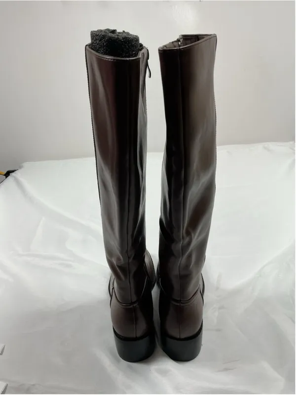 Womans New Knee High Riding Boots 6.5 Chocolate Brown Side Zip Block Heel - Image 4