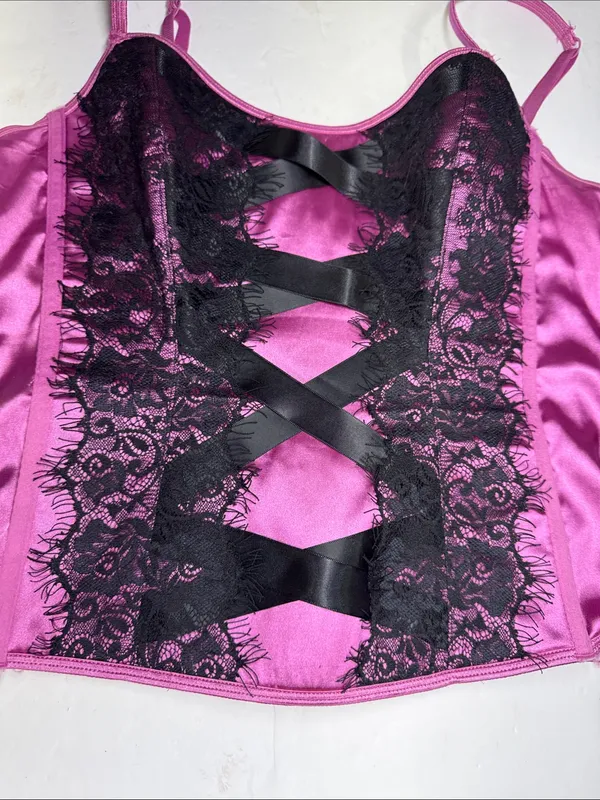 Victoria's Secret purple Pink Satin Chemise top corset Black Lace Crisscross L - Image 4