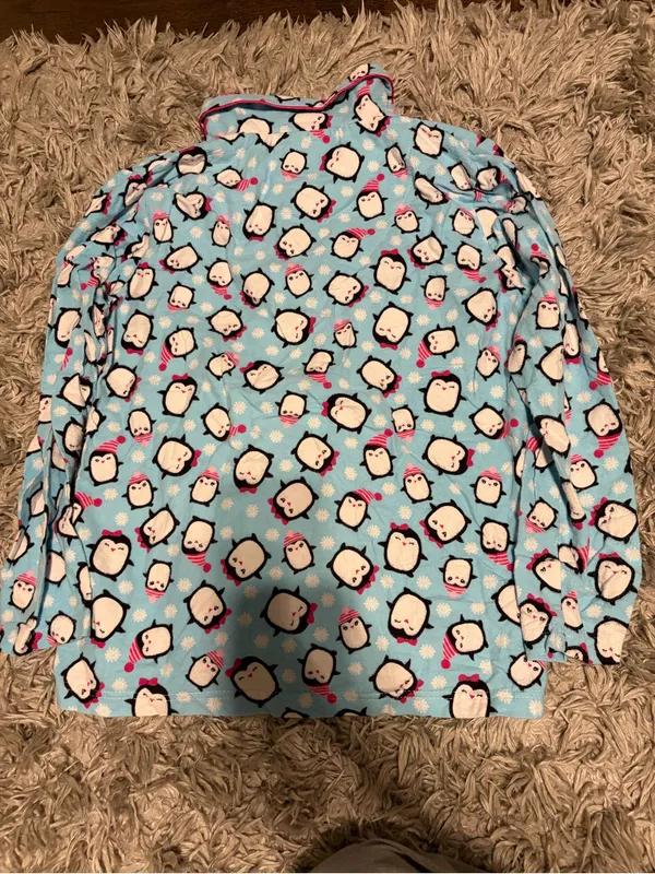 Women’s Light Blue Penguin-Print Pajama Set with Pink Trim - Image 4