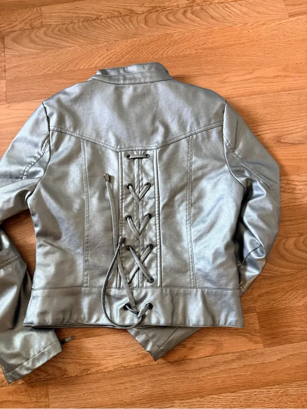 therapy Silver Metallic Faux Leather Varsity Jacket - Image 7