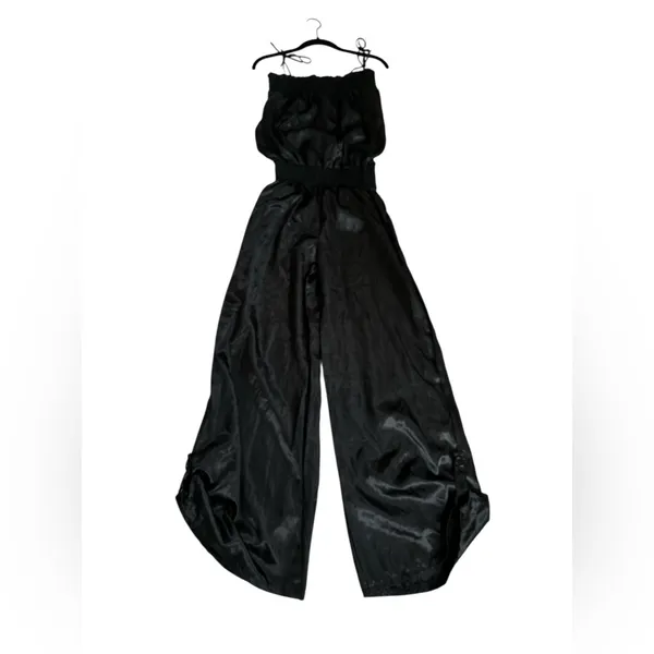 Vintage Black Satin Jumpsuit Smocked Waist Palazzo Leg Minimalist Cocktail Party - Image 6