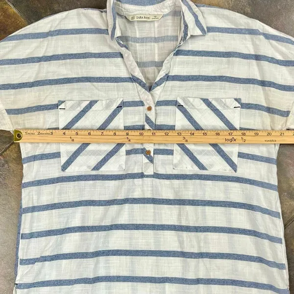 Zara Basic White Blue Striped V-neckline 3/4 Sleeve Blouse XS - Image 10