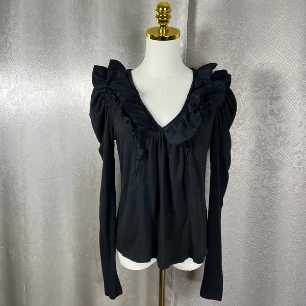 Anthropologie Black Ruffle V-Neck Puff Sleeve Knit Top Small Boho Romantic - Image 3