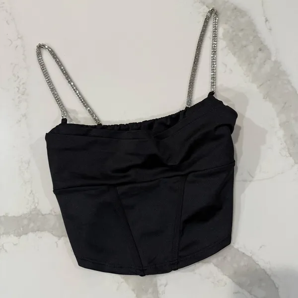 Windsor Gleam And Glow Rhinestone Bustier Top Women’s Small Black Cropped Satin - Image 5