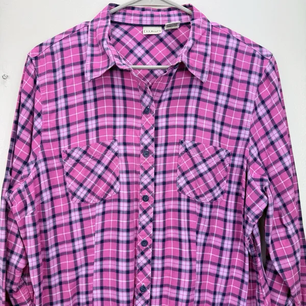 LL Bean Pink Plaid Cotton Roll Tab Button Up Casual Shirt Size LARGE - Image 4