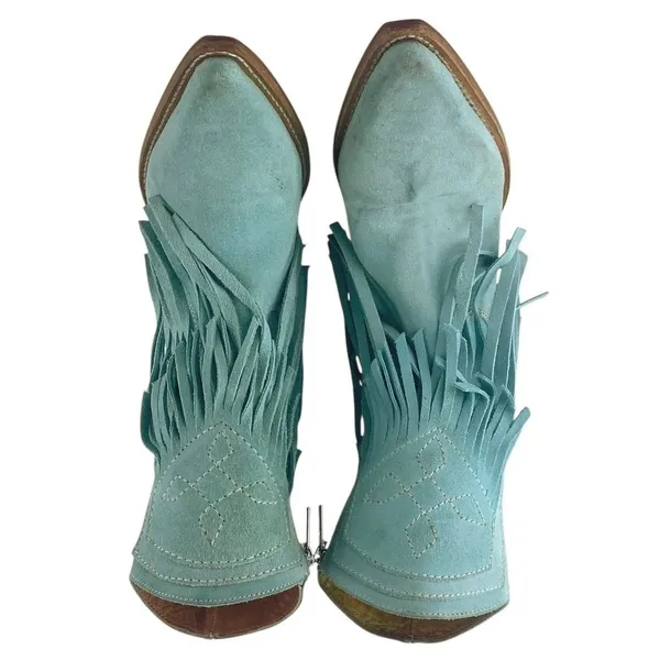 Free People Lawless Fringe Blue Suede Pointed Toe Zip Western Boots Booties Sz 6 - Image 2