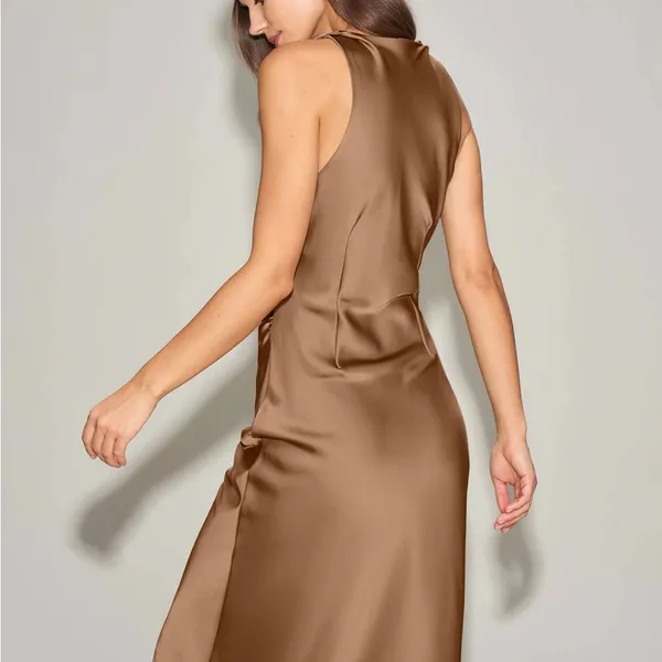 Rihoas Coffee Satin Boat Neck Slip Midi Dress - Image 3
