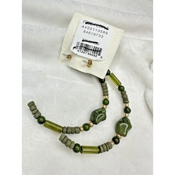 NEW Free People Bom Bom Island Beaded Bohemian Half Hoops in Green Beach Stone - Image 3
