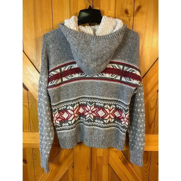 Yes Lola Hooded Cropped Knit Sweater Gray Lined Hood Pom Poms Size Large (5365) - Image 6