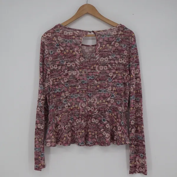 American Rag Womens L Floral Peplum Top Burgundy Space Dye Keyhole Back Long - Image 4
