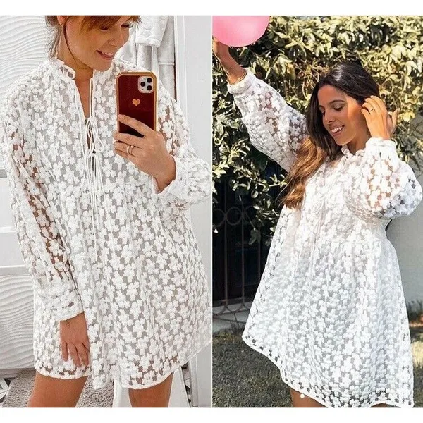Zara White Floral Embroidered Babydoll Mini Dress V-Neck Tie Balloon Sleeve XS - Image 2