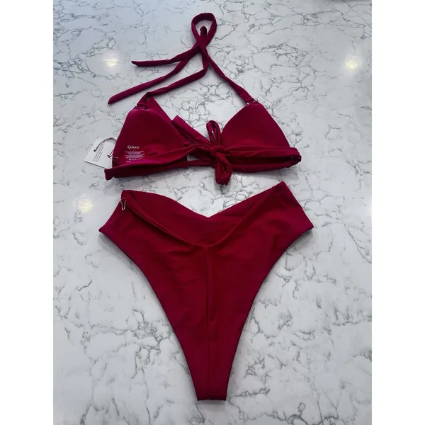 New Quince Cherry Red Italian Full Coverage Ring Triangle Bikini Top & V Bottom - Image 2