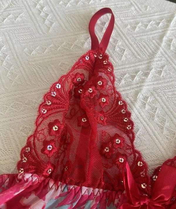 Women’s Pink & Red Mesh Lace & Sequins Babydoll Lingerie Top Sz S Small - Image 3