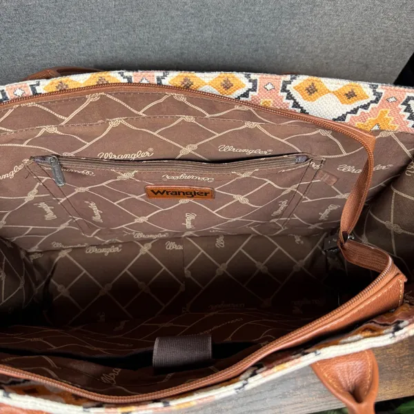 Wrangler Southwestern Canvas Tote Bag Large Aztec Print Faux Leather Trim Brown - Image 4