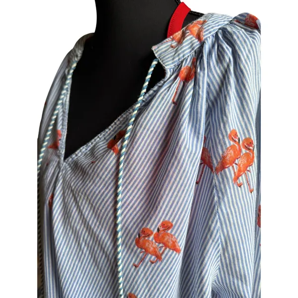 Violet Sky Flamingo Embroidered Tunic Blouse Small Blue White Stripe Cotton Boho - Image 2