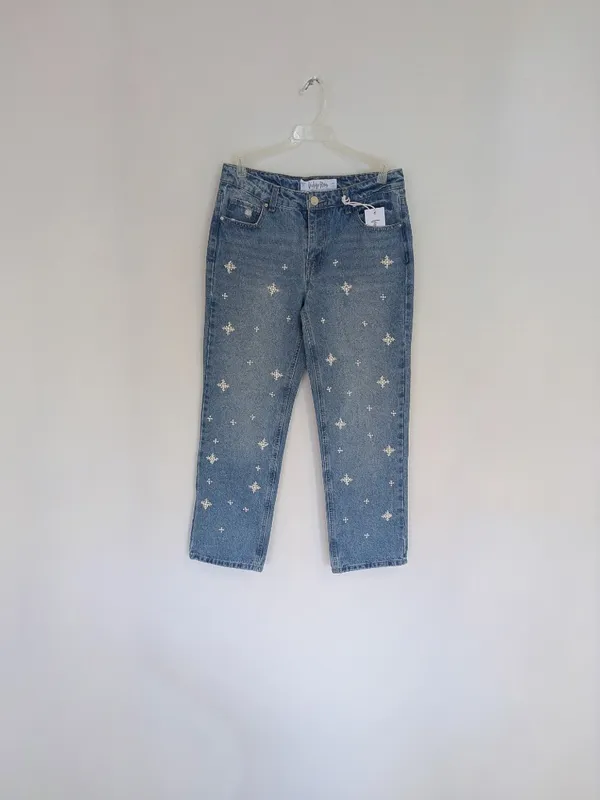 NWT Pearl Beaded Star Embellished Straight Leg Denim Jeans Sz 9 Medium Wash - Image 6