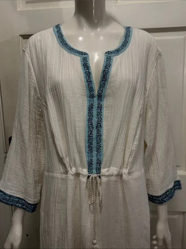 J Jill Gauzy Lined Ivory Dress XL Boho Drawstring Waist Blue Trim Pockets - Image 3