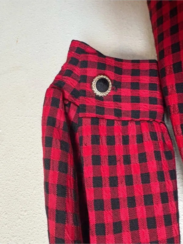 Vintage 90s Red Black Check Velvet Collar Maxi Dress Whimsigoth Grunge L - Image 6