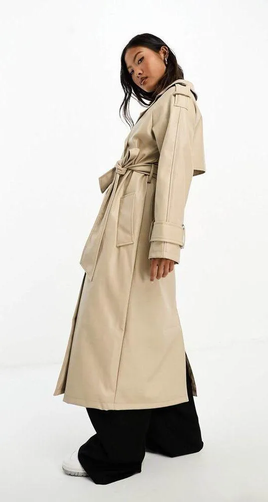ASOS DESIGN Tan Faux Leather Trench Coat Size 12 Long Preppy Chic Minimalist - Image 15