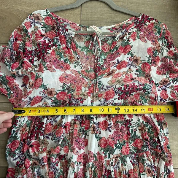 Anthropologie RAGA Pink Red Rose Floral Long Sleeve Tie Neck Boho Maxi Flowy Dress M - Image 7