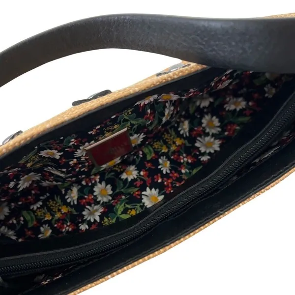 Cole Haan Bag Tan Black Wicker Appliqued Flowers Purse Handbag Mini Pocketbook - Image 6