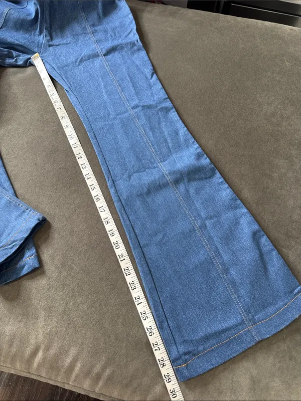 Sleeveless Sexy Blue Denim Jumpsuit Front Zip Slim Fit Retro 70s Flare Size S - Image 9