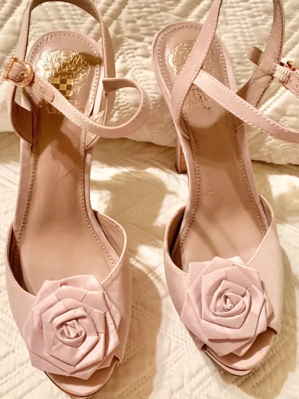 Vince Camuto Nude Pink Peep-Toe Platform Heels with Rose Floral Accent - Image 2