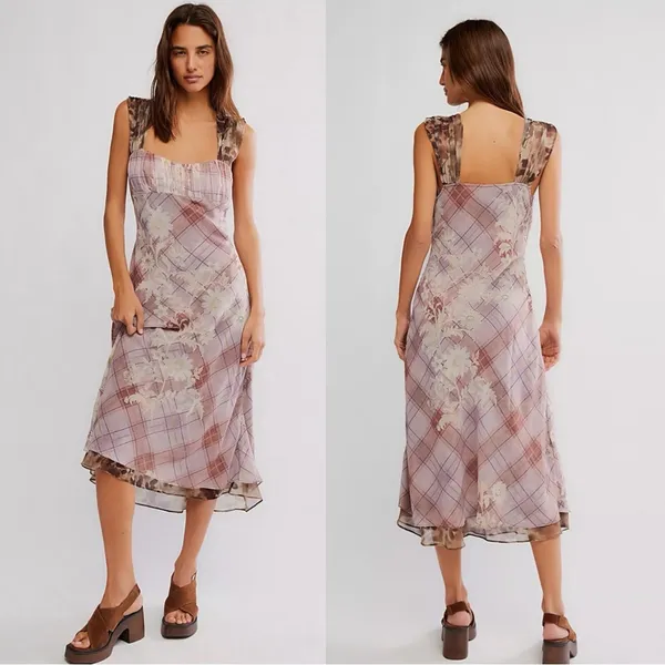 Free People Femme Grunge 90s Y2K Morning Dew Plaid Floral Midi Slip Dress Medium - Image 3