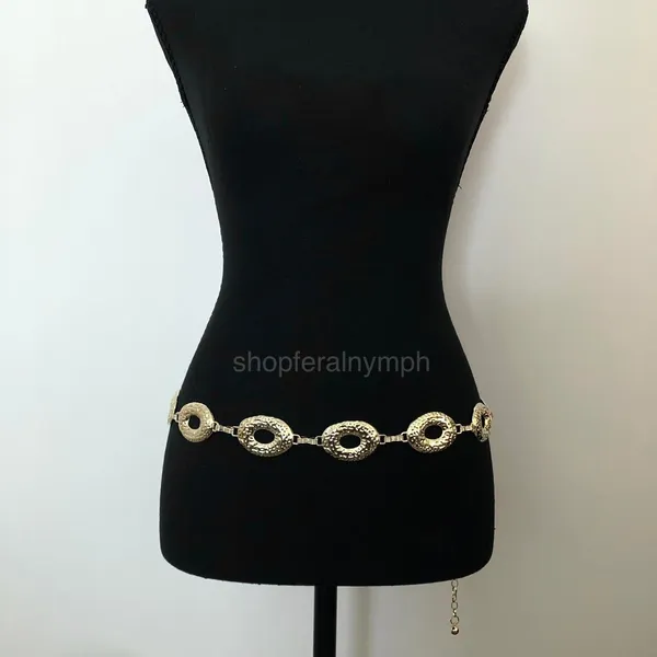 Vintage Y2K Boho Gold Hammered Open Oval Chain Belt, Up to 42.5 Inches, X7GA1146 - Image 3