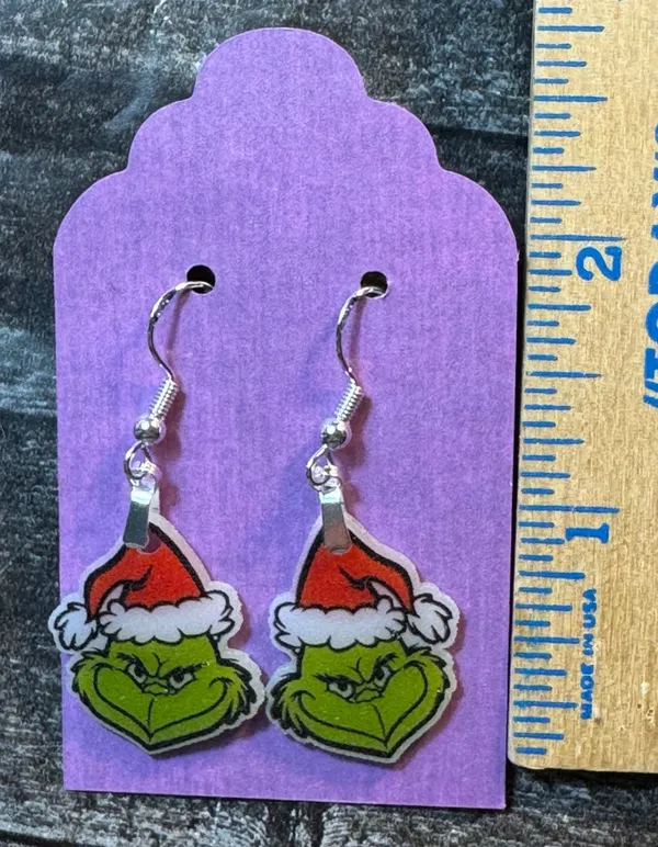 Grinch Wearing Santa Hat Christmas Dangle Pierced Earrings New Gift - Image 2