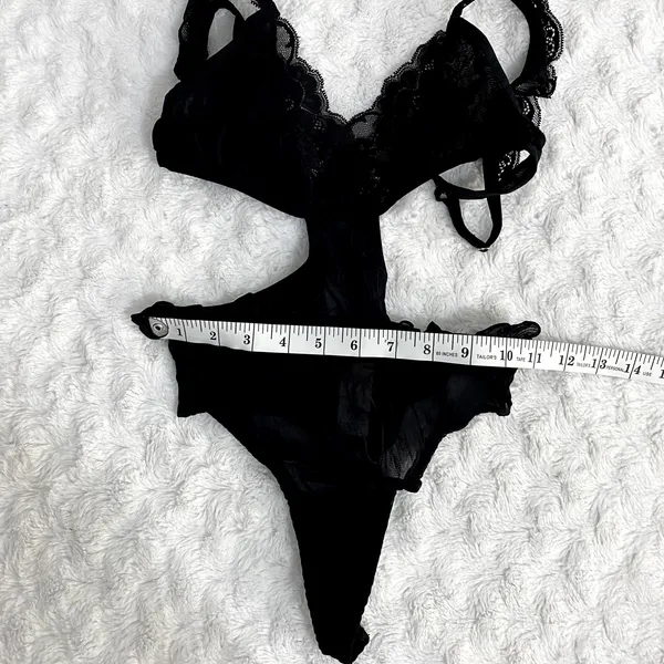 NEW Free People HAH Noir Black Key to UR Heart Mesh Lace Ruffle Boho Bodysuit XS - Image 8