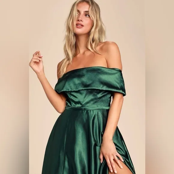 NEW Lulus Greatest Hits Forest Green Satin Off-the-Shoulder Maxi Dress Size XS - Image 5