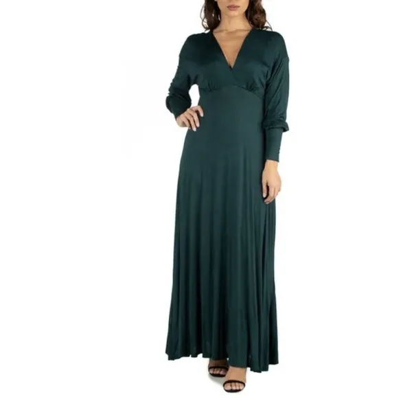 24seven Comfort Apparel Bishop Sleeves‎ Maxi Dress Women's Large Green Stretch - Image 2