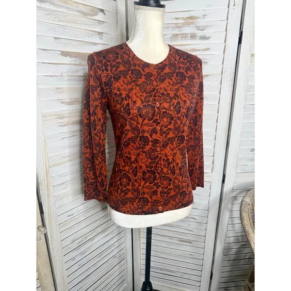 GARNET HILL Women's XS Signature Eco Merino Cardigan Botanical Forest Animals - Image 4