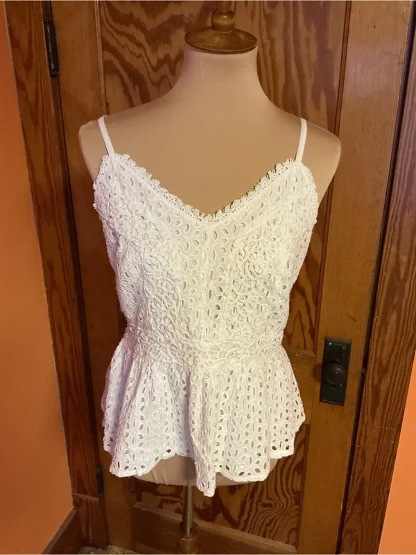 Japna White Eyelet Lace Peplum Cami Top Large Boho Cottagecore Adjustable Straps - Image 7