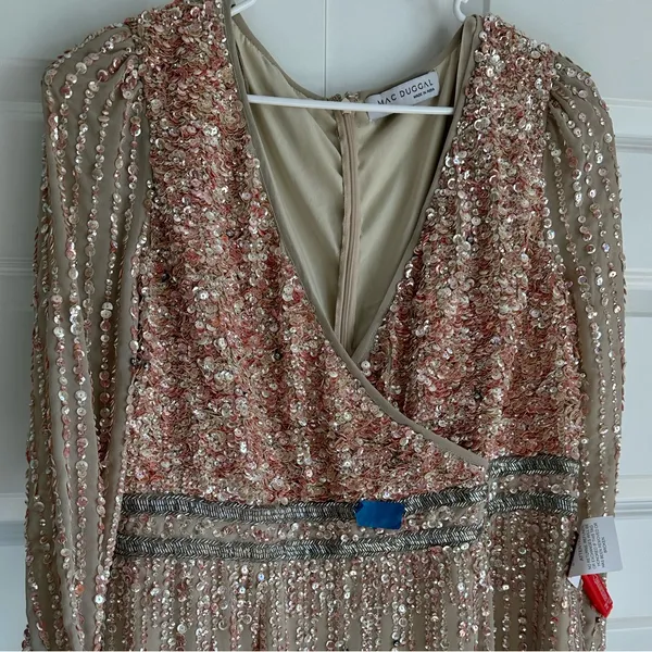 Mac Duggal Sequined‎ V Neck Bishop Sleeve Midi Dress 93593 - Image 5