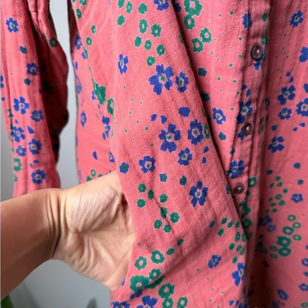 NATURAL LIFE Pink Floral Button-Front Long Sleeve Dress Cotton Oversized Pockets - Image 4