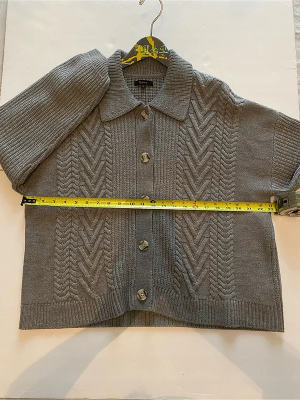 Quince Gray Cable Knit Cardigan Sweater Collared Button Front 100% Wool Medium - Image 5