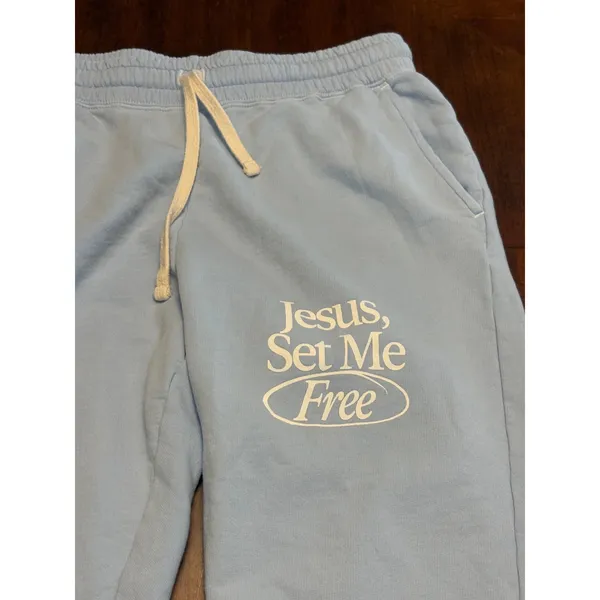 Comfort Colors Sweatpants Women Medium Blue Jesus Set Me Free Graphic Joggers - Image 2