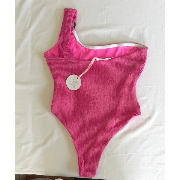More‎ To Come One Shoulder Swimsuit L Hot Pink Ribbed Barbiecore Y2K Resort NEW - Image 3