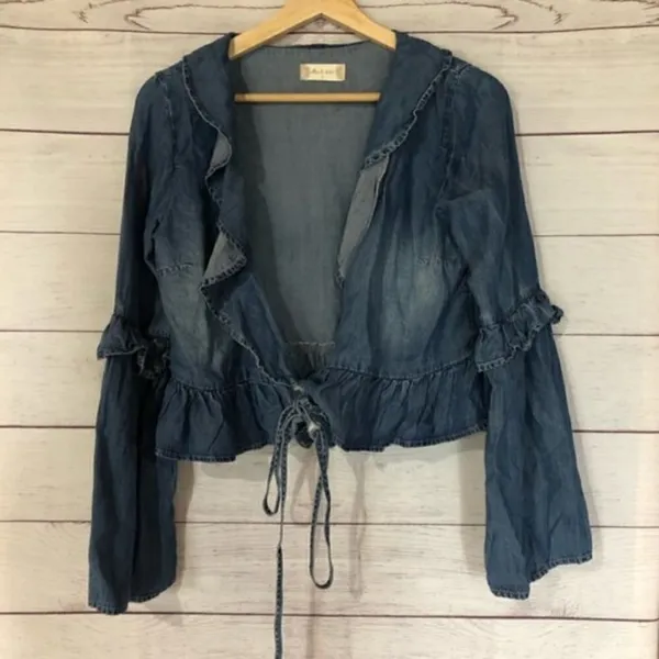 Altar'd State Neenah Preppy Boho Chambray Ruffle Wrap Bell Long Sleeve S‎ - Image 4