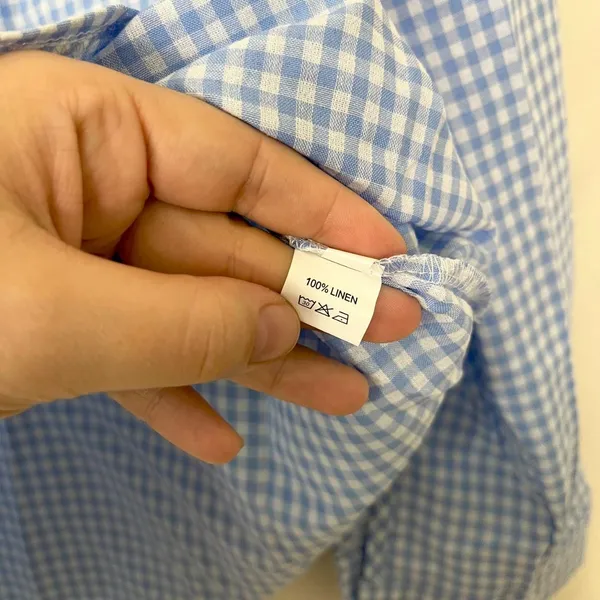 100% Linen Lightweight Button Up Blouse Shirt Blue White Gingham Plaid XXL - Image 3