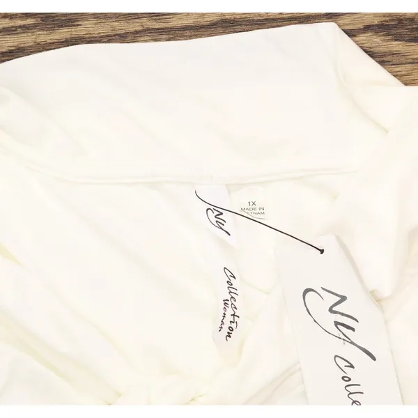 Ny Collection Short Sleeve Knit Top with Chiffon Shoulders Ivory Off White 1X - Image 5
