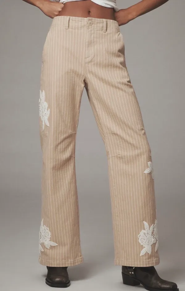 Anthropologie Lace-Embellished Railroad Pants, Size 10 Tall - Image 3