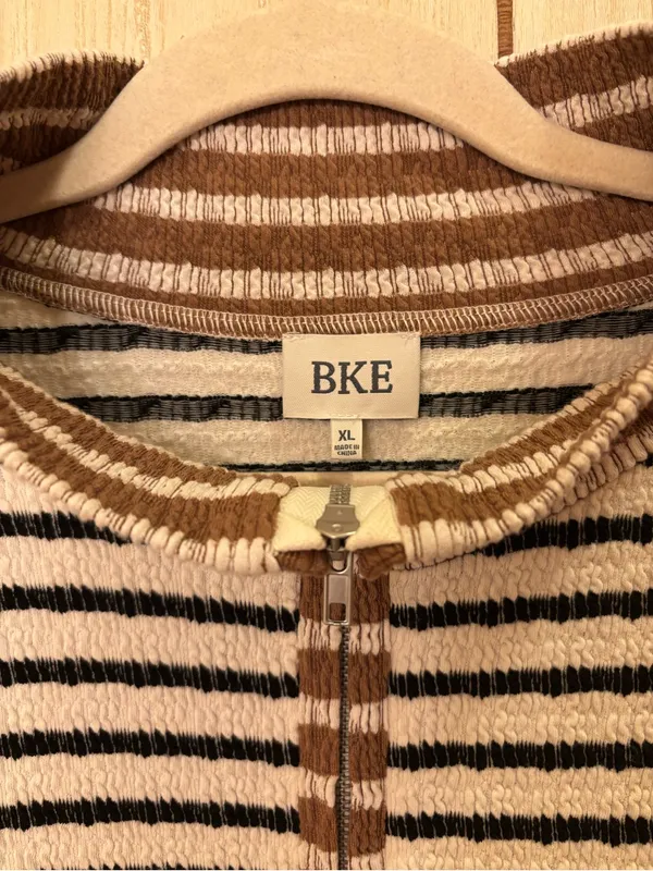 BKE Womwn’s Cream, Black & Brown Striped Half-Zip Sweater - Image 2