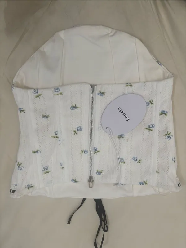 Loucia White Blue Floral Pointelle Corset Tube Top Lace Trim Size S NWT - Image 4