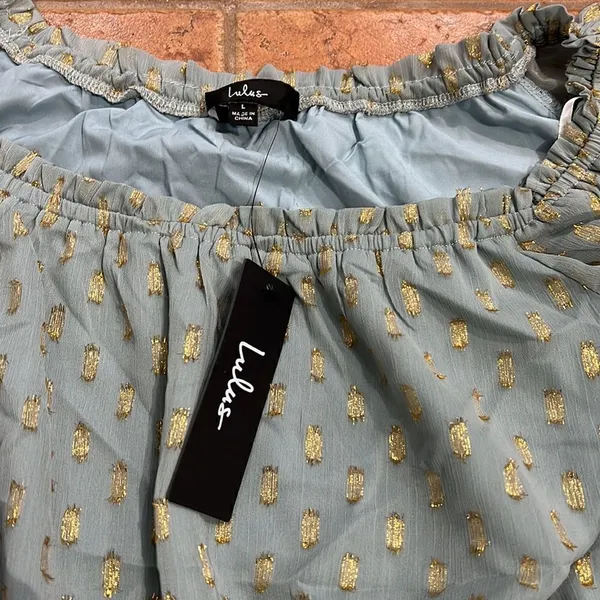 NWT Lulu’s Touch of Glam Dusty‎ Blue Dotted Off-the-Shoulder Mini Dress size L - Image 12