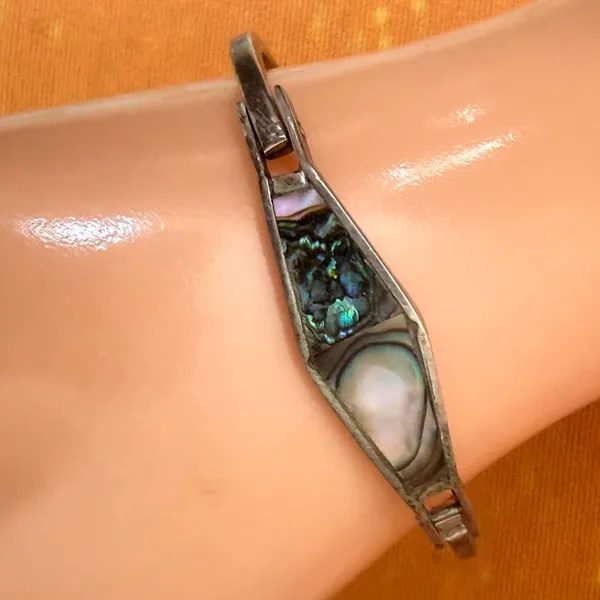 Vintage Mexico Alpaca Silver Abalone Shell Inlay Hinged Bangle Bracelet - Image 2